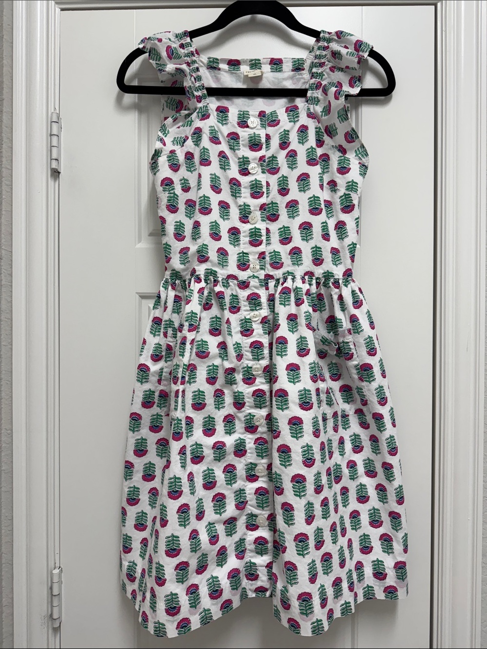 Crewcuts Girls' White Sundress with Pink & Green Leaf Pattern